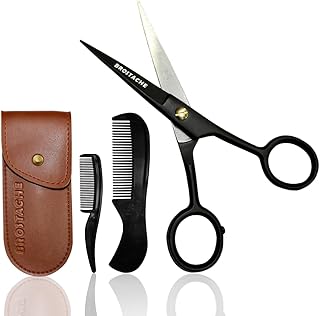 5" Beard & Mustache trimming Scissors for Men, 2 comb & Travel carrying Pouch, Hand forged with Bevel edge For precision, Mustache kit for men, Extremely Sharp Scissors