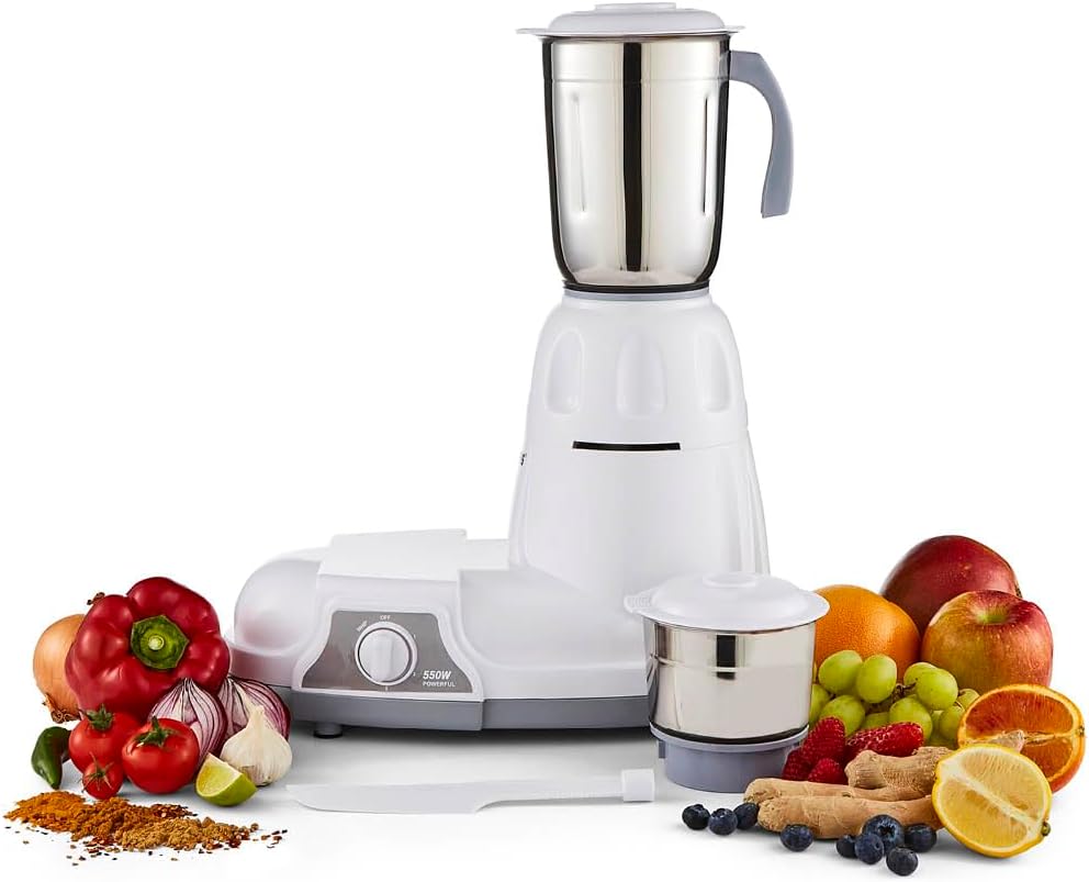 GEEPAS 550W 2-in-1 Mixer Grinder | Stainless Steel Jars, Blades | 3 Speed Control, Perfect for Chutney, Dry & Wet Fine Grinding Mixing, Safety Twist Lock | Overload Protection | 2 Year Warranty, White