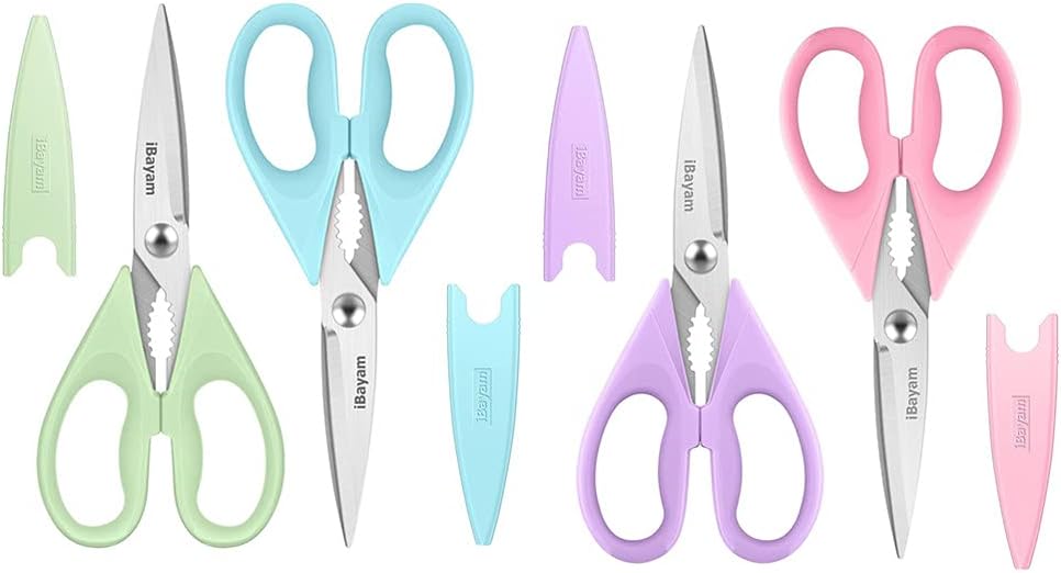 iBayam 2-Pack Kitchen Scissors Light Blue, Pistachio & 2-Pack Kitchen Scissors Pastel Pink, Soft Purple Bulk