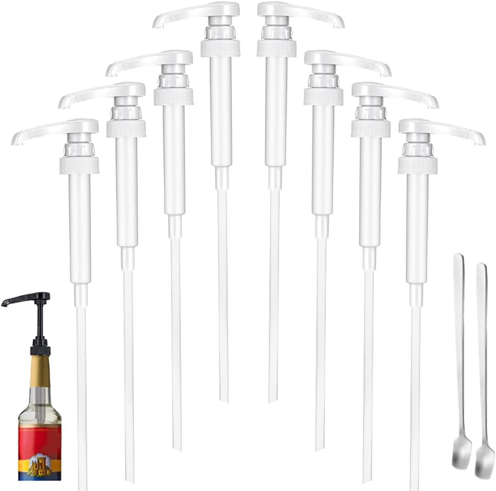 8 Packs White Coffee Syrup Pump Dispenser, Compatible with 25.4 Oz/750ml Bottles, Great for Home & Coffee Bar Drinking Mixes, Tea, Beverage, Cocktails, Plus Spoons(5.23")