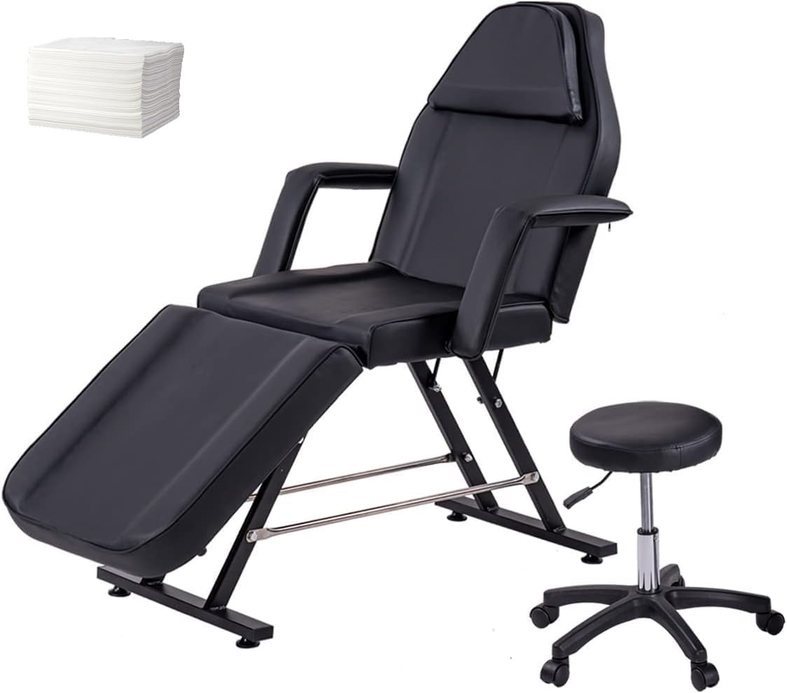 LSBIKE Beauty Bed with Stool and Sheets, Adjustable Massage Chair Reclining Salon Bed Lash Chair with Removable Armrests Headrest Massage Table Set for Spa Salon Tattoo Facial (Black)