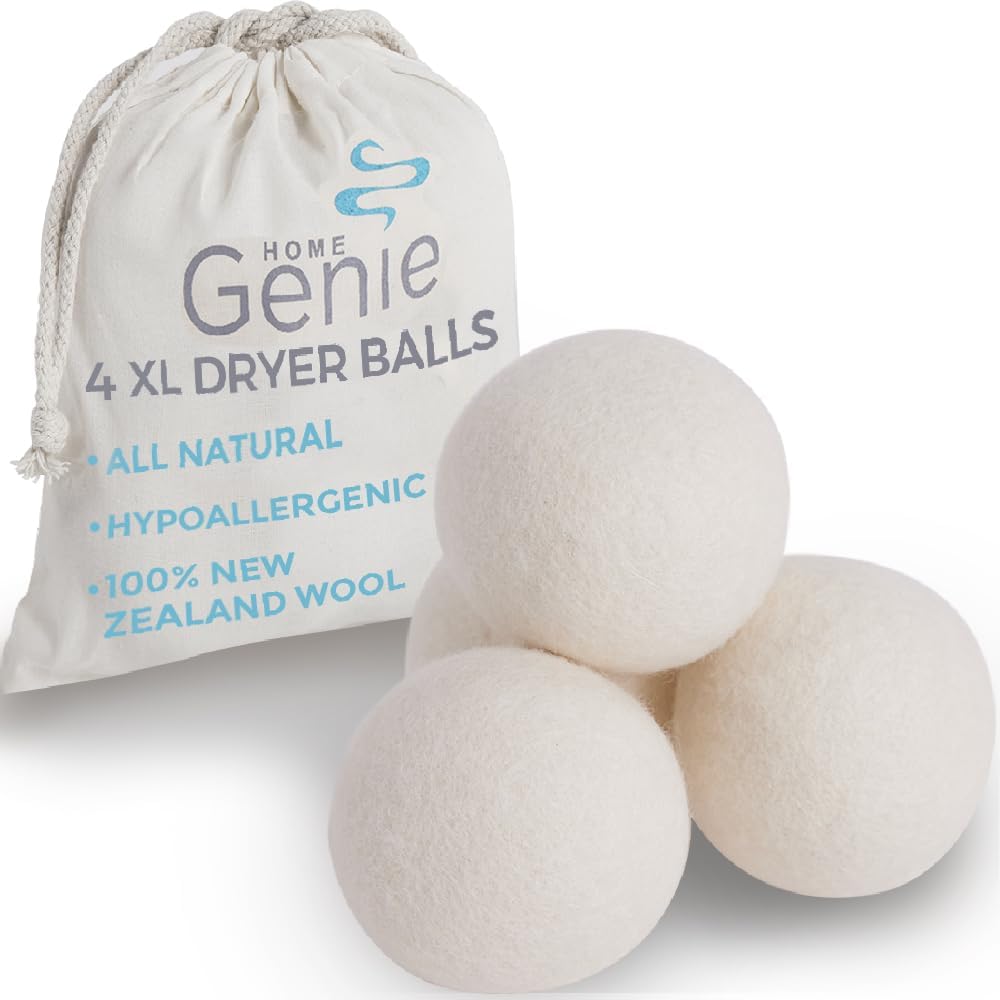 HOME GENIE Wool Reusable Dryer Balls XL, Anti Static Fast Drying Laundry for Pet Hair, Reduces Clothing Wrinkles, Lint, Natural Fabric Softener Essentials, Replace Dryer Sheets, Over 400 Loads 4 Pack