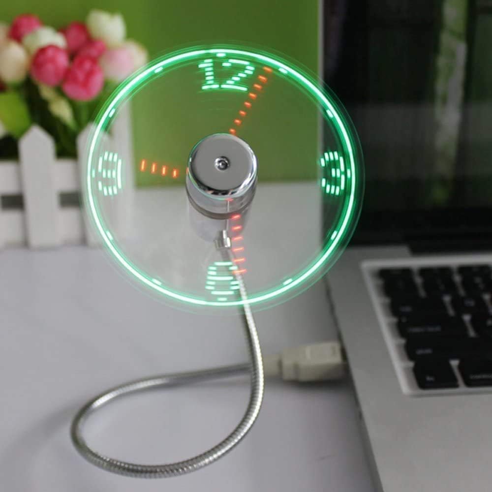 Huiheng Mini LED Clock Fan with Flexible Gooseneck, Personal Silent Laptop Fan USB Powered for Home Office