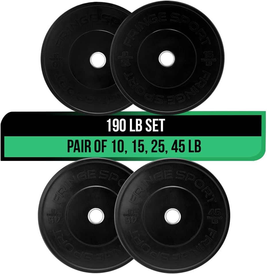 FringeSport Black Bumper Plates Set and Pairs - Dead Bounce Olympic Weight Plate - Rubber Weight Plates with Steel Insert Strength Training Plates (10lb - 460lb)