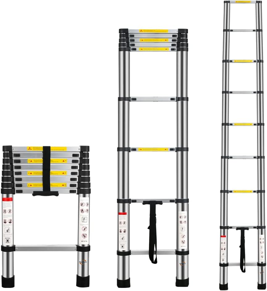 Multibao 8.5Ft 2.6M Telescopic Ladders Telescoping Extendable Aluminium Folding Extension Extendable Portable 9 Steps 150kg Capacity Loft Collapsible DIY Multipurpose
