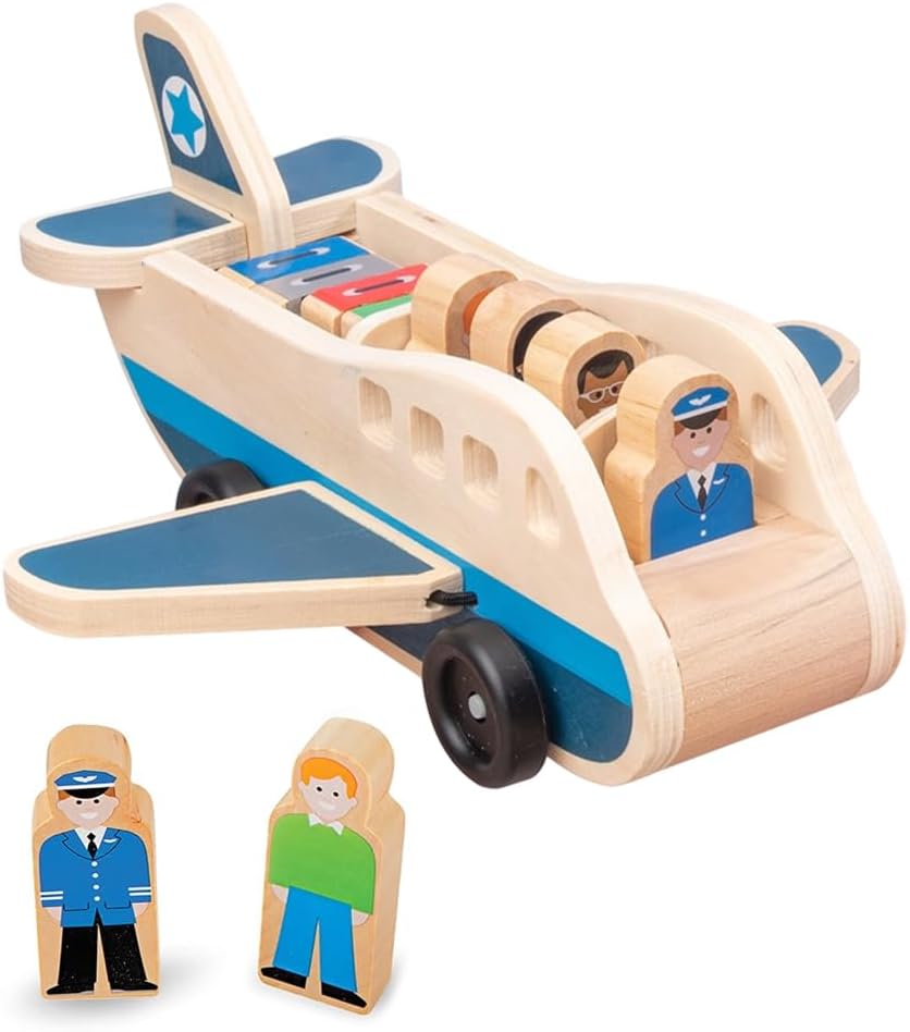 Jonuin Wooden Passenger Plane Set, Wooden Airplane Toy, Aeroplane Toys with 4 Play Figures and 4 Suitcases, Toy Airplanes, Airplane Toys for Toddlers, Perfect for Role Playing, Birthday Gift