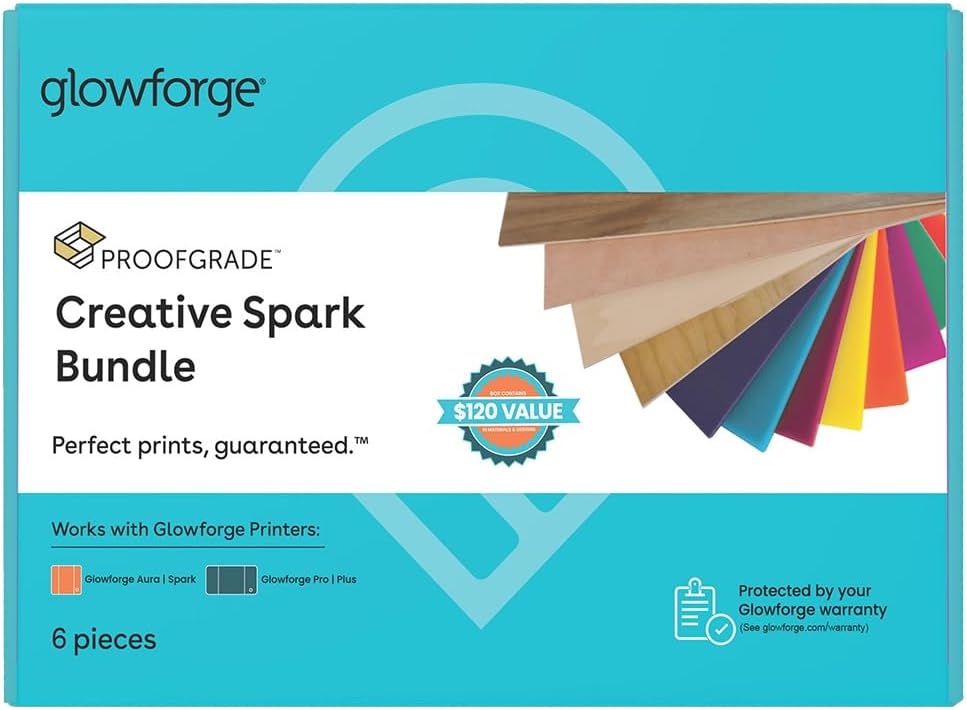 Glowforge Creative Spark Bundle - 6 Sheets - 1 Sheet Each of Laser-Ready 8x12 Red, Green and Black Acrylic, 8x12 Plywood, and 6x12 Ash and Poplar Hardwood for Cutting and Engraving Projects