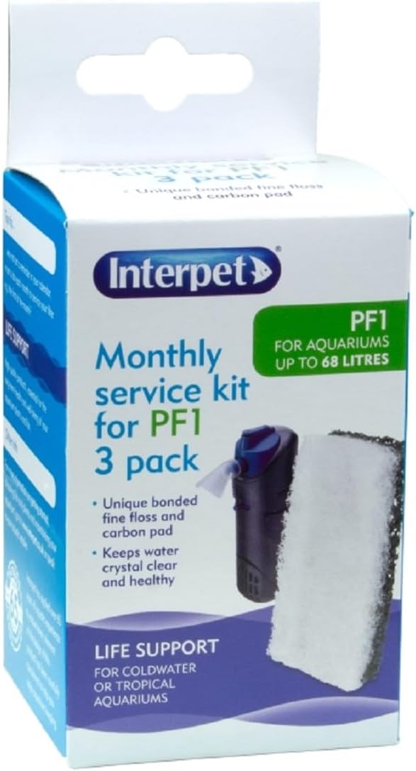 Interpet Monthly Service Kit for Interpet PF1 Aquarium Power Filter, floss and carbon bonded replacement foams (Pack of 3)