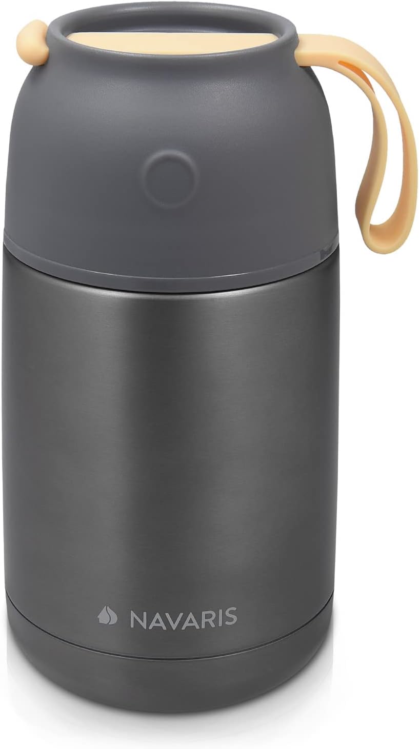 Navaris Vacuum Insulated Food Jar - Stainless Steel Food Flask Container with Wide Mouth for Hot or Cold Lunch - Size M (22 oz / 650 ml), Dark Gray