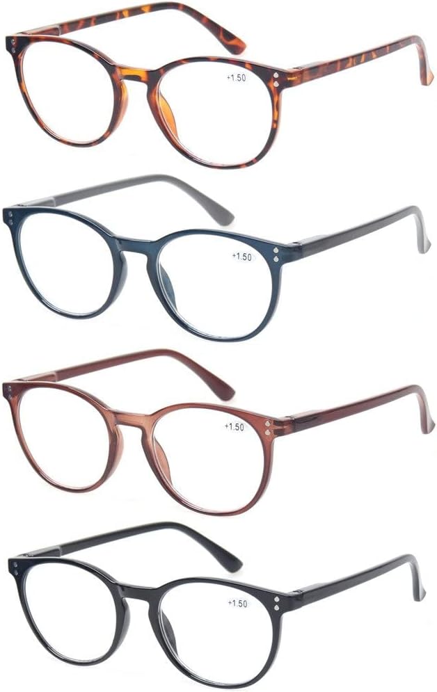 Kerecsen 4 Pack Retro Round Reading Glasses Men Women Spring Hinges Lightweight Quality Readers
