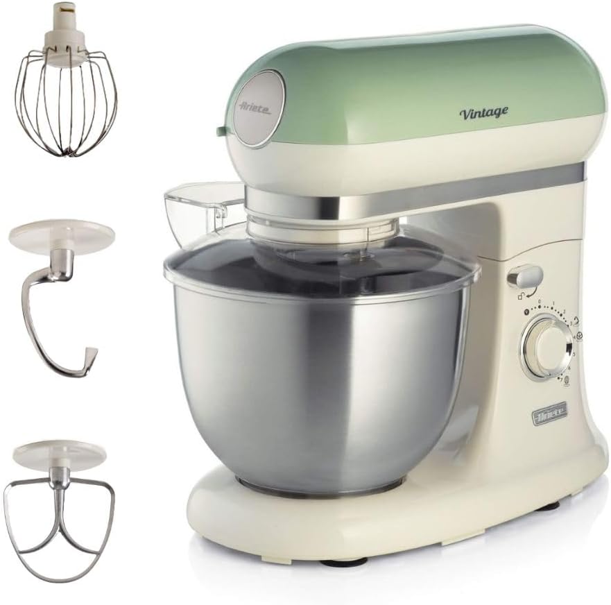 Ariete Vintage 8804 Stand Mixer Food Processor, 1200W, 5.5 Litre Stainless Steel Bowl, Planetary Motion, 7 Speeds + Pulse, Anti Splash Cover, Green