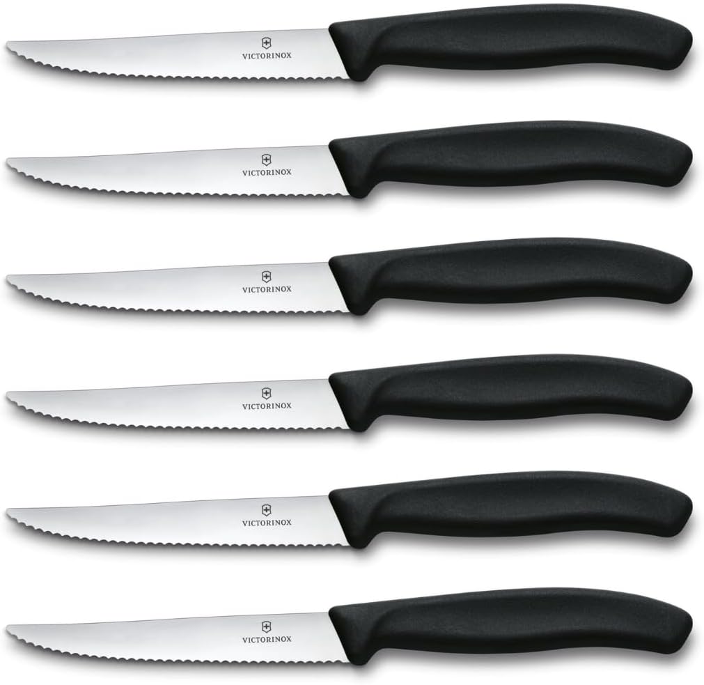Victorinox 6.7233.6 Swiss Classic Steak Knife Set Ideal for Slicing a Wide Variety of Steak Cuts Serrated Blade in Black, Set of 6