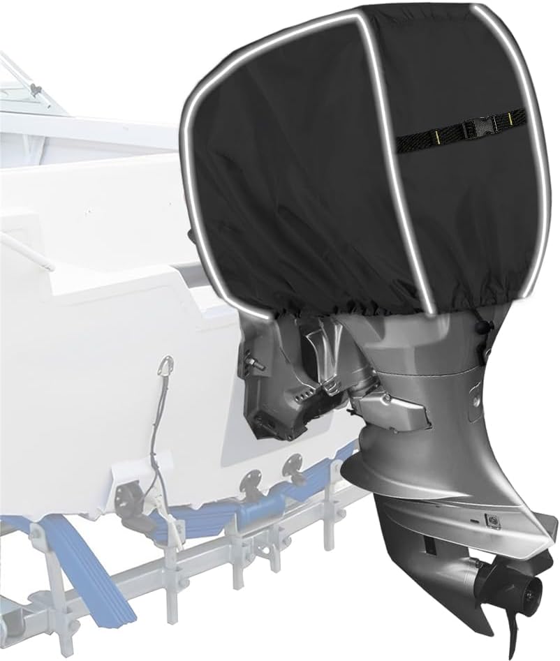 600D Outboard Motor Cover, Waterproof Fade and Crack Resistant Trailerable Boat Motor Covers, Windproof Boat Engined Covers with Adjustable Strap, Black(Fits 25 HP)