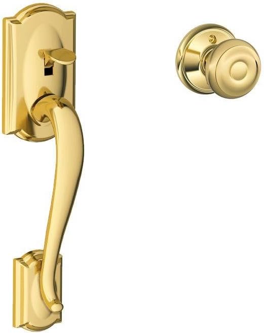 Schlage FE285 CAM 505 GEO 605 Camelot Front Entry Handleset with Georgian Knob, Lower Half Grip, Bright Brass