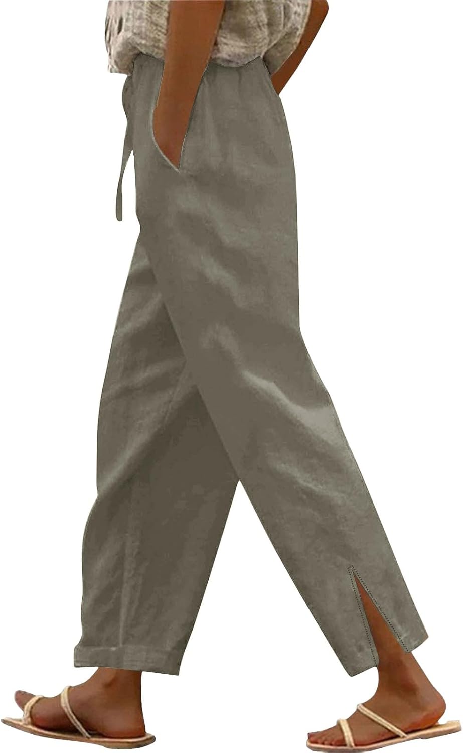 Ladies Trousers Linen Wide Leg Elasticated High Waist Palazzo Women Summer Lightweight Drawstring Baggy Lounge Pants Plain Straight Leg Comfy Casual Holiday Essentials Bottoms with Pocket