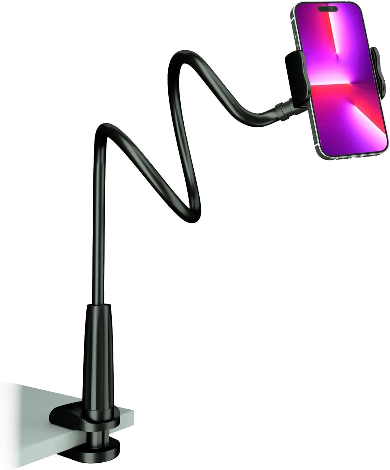 MAGIPEA Cell Phone Clip Bed Stand Holder, with Grip Flexible Long Arm Gooseneck Bracket Mount Clamp for Desk, Compatible with iPhone 17/16 Pro Max, 15, 14 or Other 3.5-7" Devices (Black, 34in)