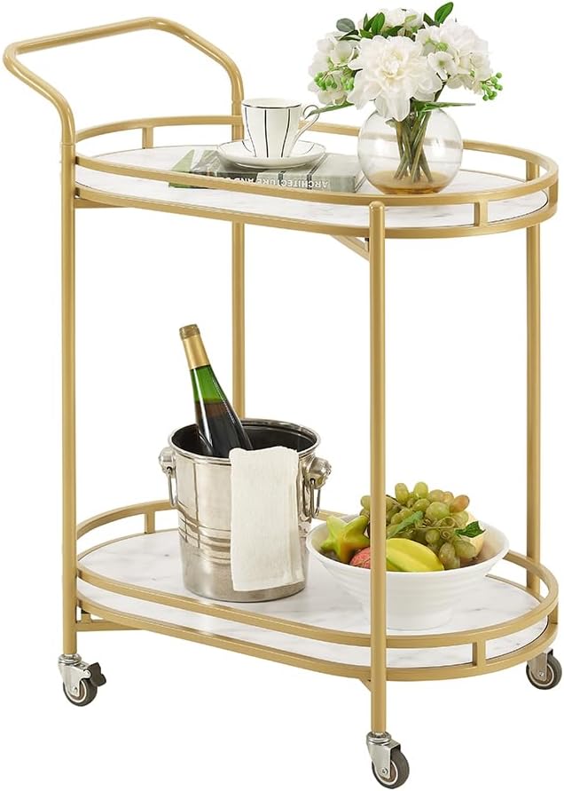 unipaws Bar Cart Gold, Easy Assembly Serving Bar Trolley with 2-Tier Shelves and Rotating Wheels for Home Kitchen Dining and Living Room