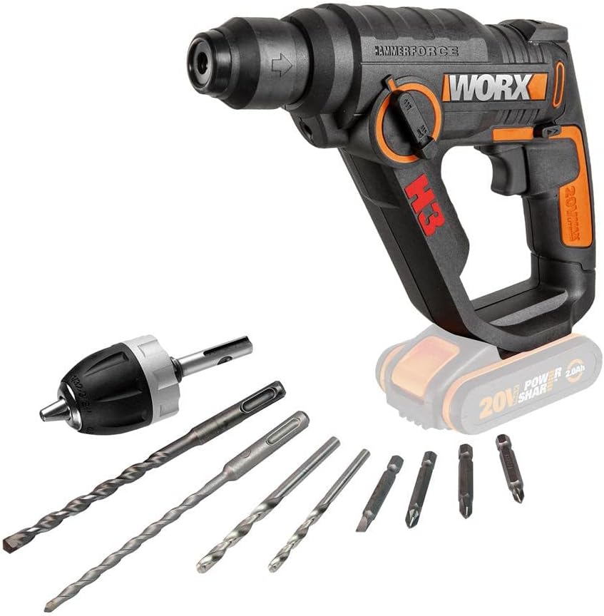 WORX 20V Cordless Hammer, PowerShare, 3 Tools in 1 Drill, Driver and Hammer, LED Light, Portable and Lightweight, Bare Tool Only, WX390.9 Black