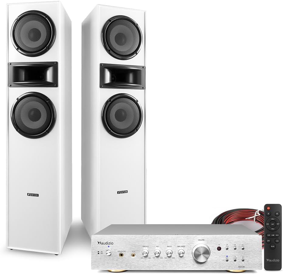 Fenton SHF700W Floor Standing HiFi Tower Speaker System, Bluetooth Amplifier & Speaker Cable Kit - Powerful Home Stereo System with Tower Speakers & Amplifier for TV Audio - White