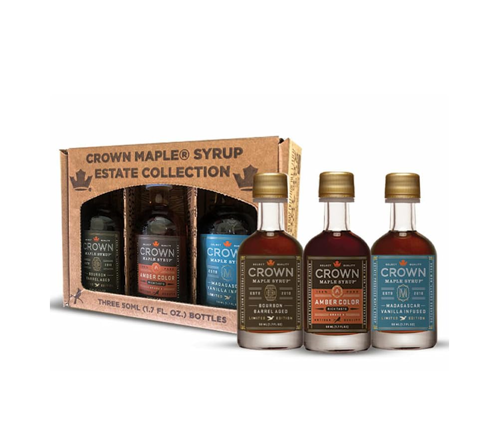 Crown Maple Premium Trio Collection in Petite 50ML (1.7 Fl. Oz.) Window Box featuring Amber Color, Bourbon Barrel Aged, and Madagascar Vanilla Infused Organic Maple Syrup