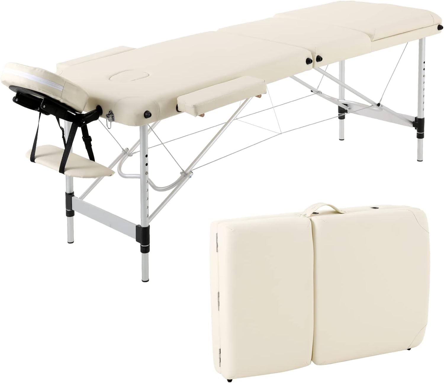 Panana Portable Folding Massage Table Beauty Salon Tattoo Therapy Couch Bed 3 Section Aluminum Frame (Beige)