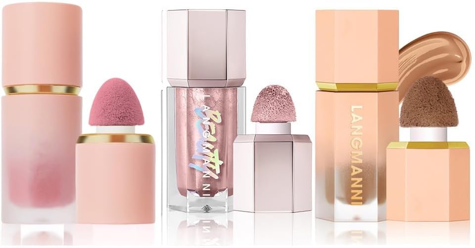 3 Pack Liquid Contour & Highlighter & Blush Makeup Set, Long Lasting Natural Weightless Buildable Contouring Bronzer Blusher Stick Beauty Wand Liquid Highlighter Makeup (Set A)