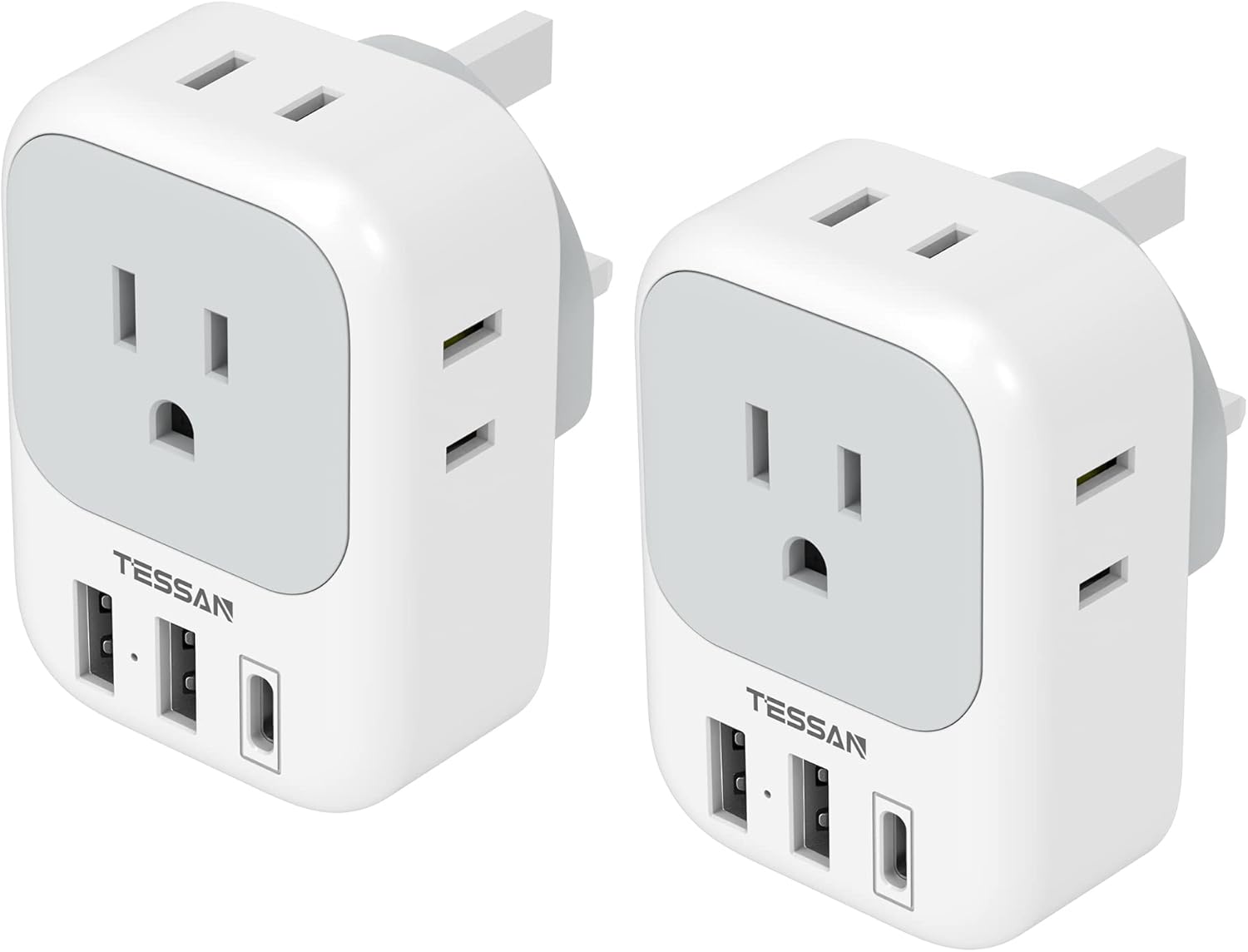 UK Adapters for Travel 2 Pack, TESSAN Type G US to UK Plug Adapter with 4 Outlets 3 USB Charger(1 USB C Port), Power Adaptor for USA to Ireland Scotland Dubai Hong Kong England British Kenya London