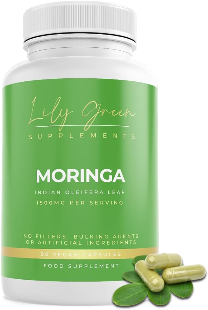 Lily Green Organic Moringa Capsules | 1500mg per Serving Amino Acid Supplements | Rich in Vitamins, Calcium, Iron, Potassium & Antioxidants | No Artificial Additives | 90 Vegan Capsules | Made in UK