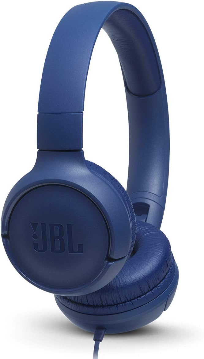 JBL Tune 500 - Wired on-ear headphones, JBL Pure Bass Sound, 1-button remote/mic, Tangle-free flat cable, Lightweight and foldable design, Ask Siri or Google Now (Blue)