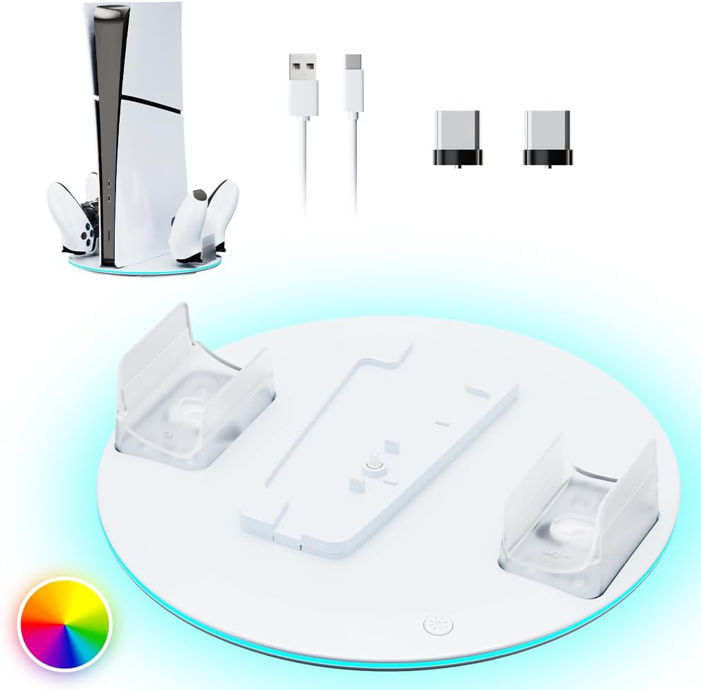 Vertical Stand for PS5/PS5 Slim Consoles with Dual Controller Charger Station, 7 RGB Light, White