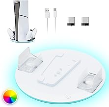 Vertical Stand for PS5/PS5 Slim Consoles with Dual Controller Charger Station, 7 RGB Light, White