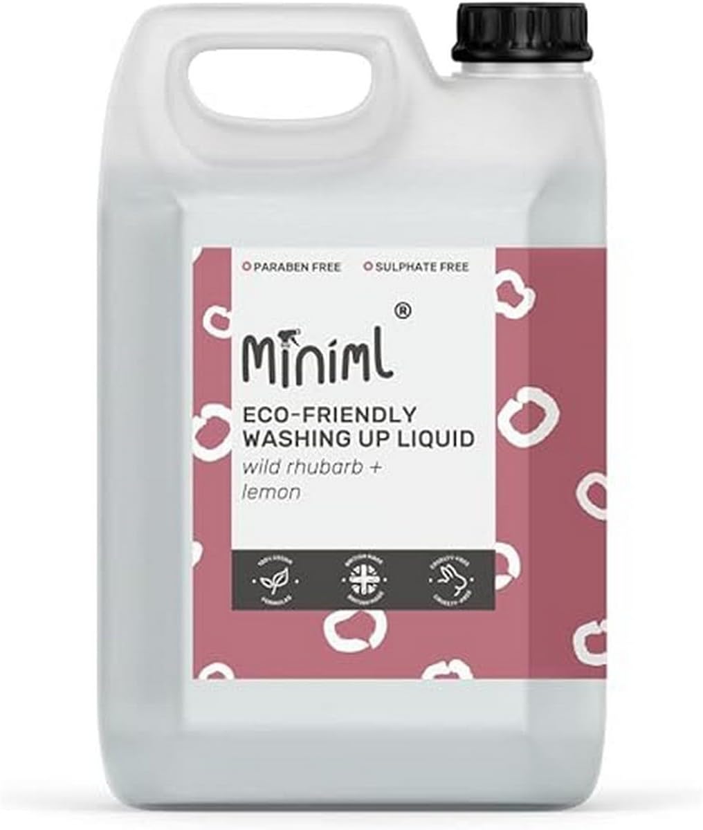 Miniml Eco Washing Up Liquid 5L Refill - Wild Rhubarb & Lemon Scented Non Bio & Skin Sensitive Friendly Dish Wash Cleaner Plant Based Vegan & Cruelty Free - Natural Cleaning Products (500 Washes)