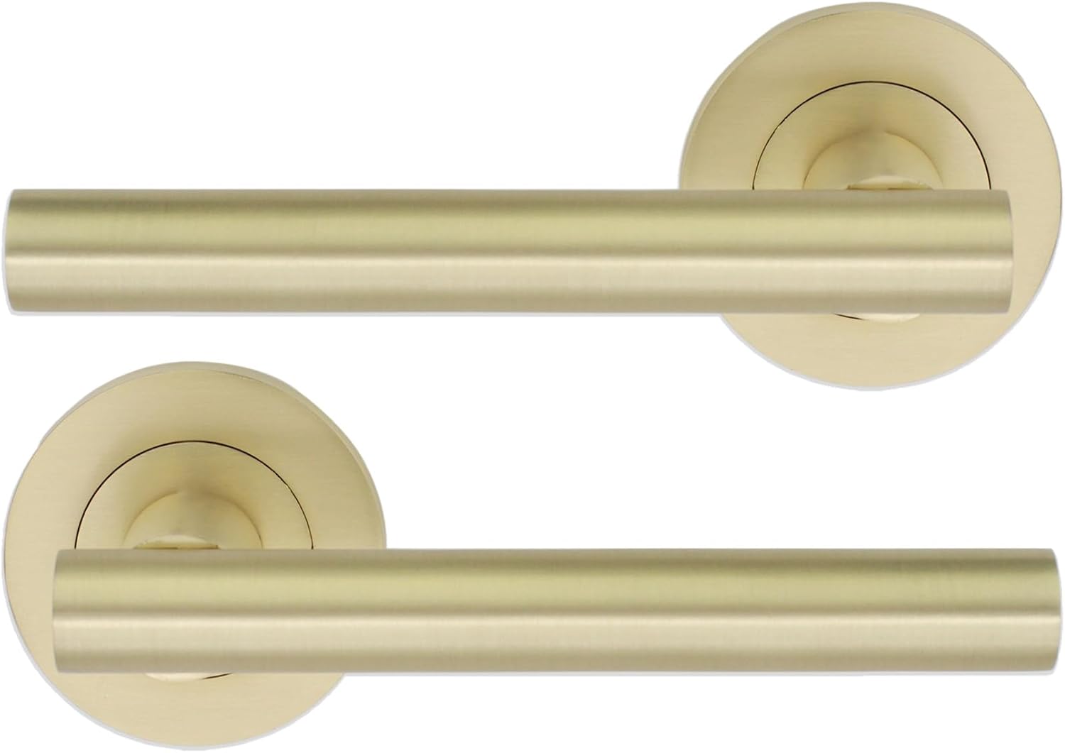 Infinity Decor Pair of Straight T-Bar Lever Door Handle on Rose Set Satin Brass Interior Pull Handles – Ideal for Interior and Exterior use
