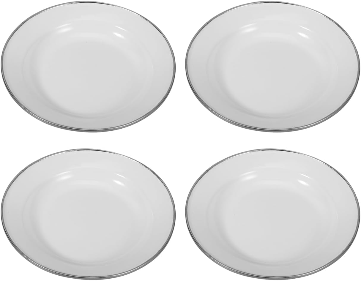 Luxshiny 4Pcs White Vintage Enamel Plates - 18cm Rustic Style Snack, Dessert & Fruit Serving Dishes for Kitchen Use