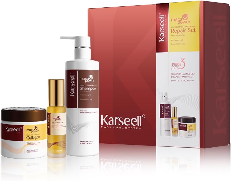 Karseell Maca Essence Moisturizing Repair Set: Collagen Hair Mask 500ml, Shampoo 500ml & Maca Essence Oil 50ml - Argan Oil Treatment for Dry Damaged Hair, All Types