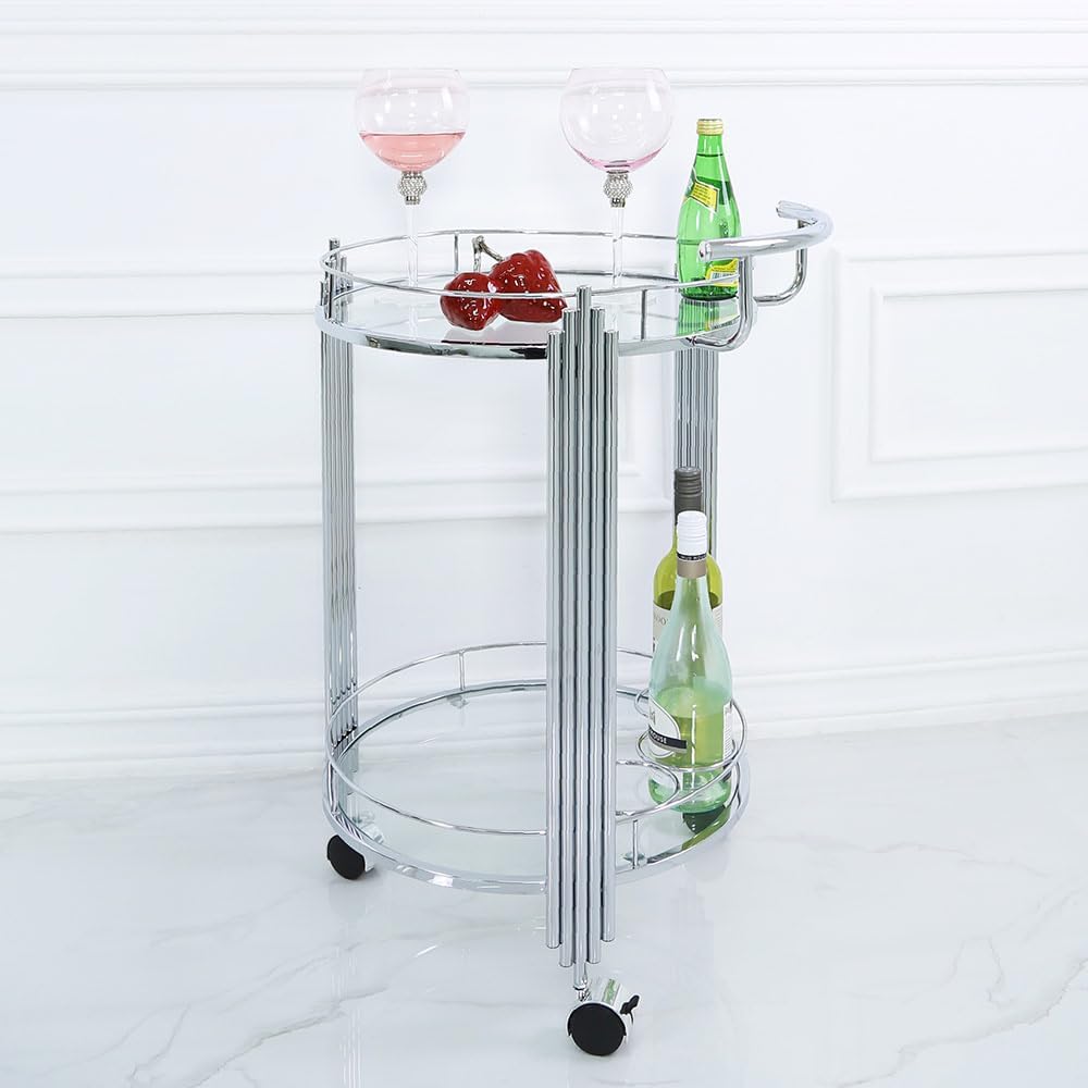 Bar Cart Chrome, 2 Tiers Drinks Trolley on Wheels, Rolling Home Bar Serving Cart with Tempered Glass Shelves and Metal Frame, Modern Wine Cart for Home, Kitchen, Dining and Living Room