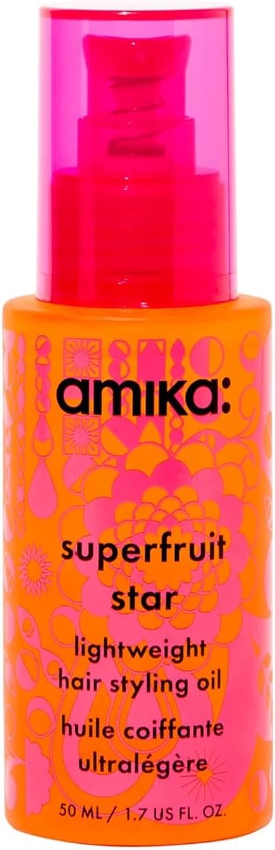 amika superfruit star lightweight hair oil - hair serum for fine to thick strands - heat protectant + frizz smoother for glossy shine - reduces breakage + strengthens strands (50 ml)