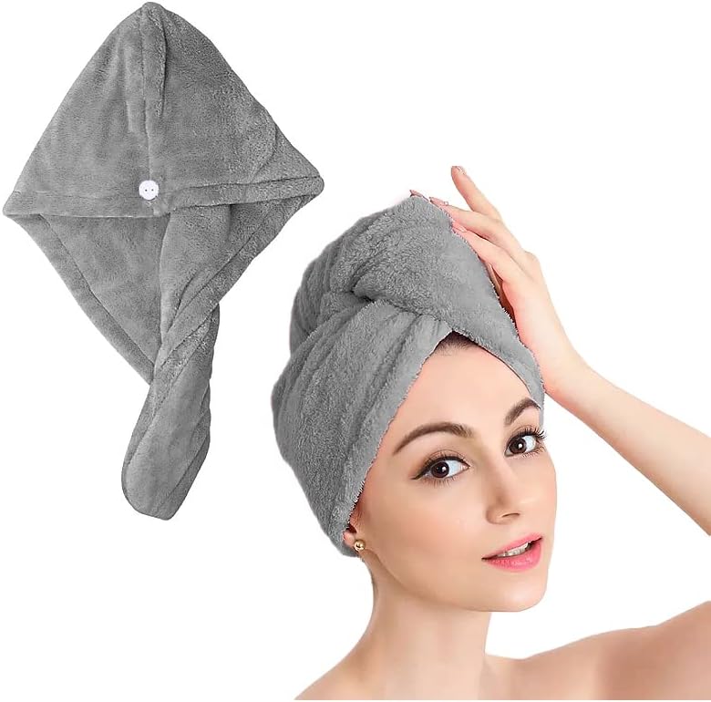 Shakeel Hair Towel Wrap, Grey, Quick-Dry Hair Turbans for Wet Hair, Hair Wrap Towel with Button