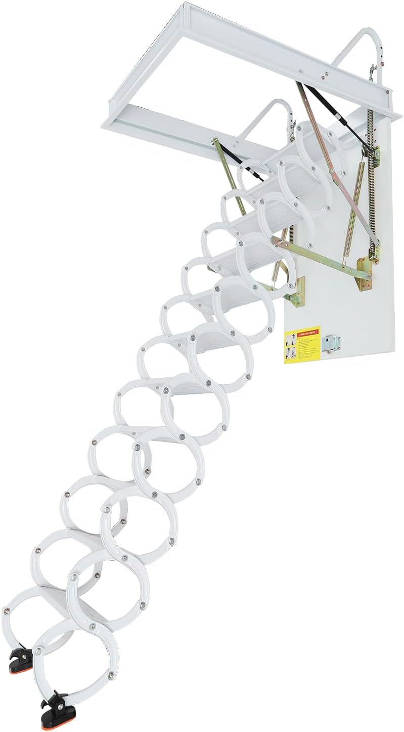 11 Steps Ceiling Mount Attic Ladder, 661 LBS Capacity, 9 Ft Attic Stairs Pull Down System w/Pull Rod, Alloy Steel Loft Folding Ladder for Basements Warehouses Shops (White)