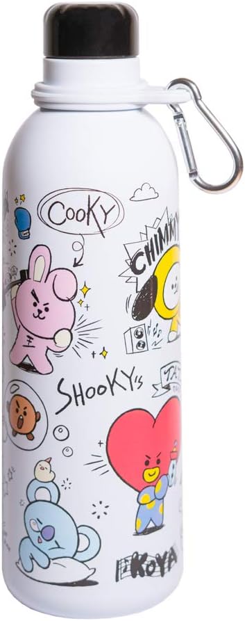 Grupo Erik BT21 Official Merchandise Water Bottle-Sports Bottle-500ml / 17OZ, Stainless Steel, Vacuum Insulated Water Bottle, Double Wall Reusable Water Bottle With Carabiner, BPA Free