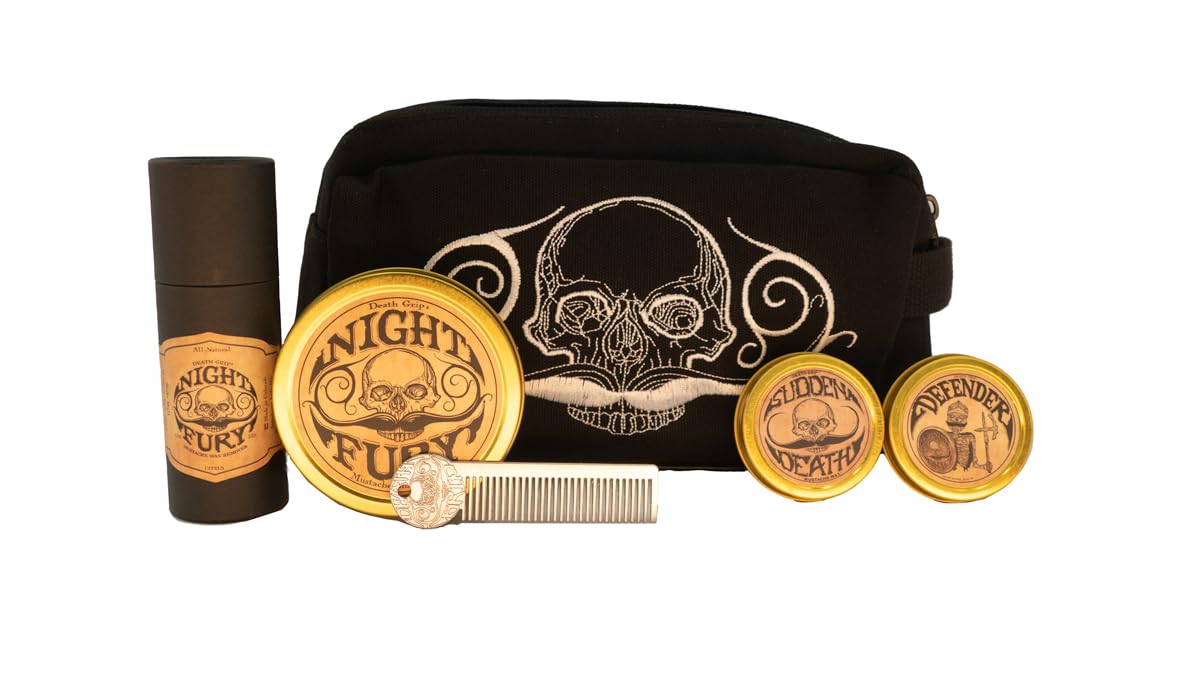 Mustache Grooming Kit for Men – Strong Hold Mustache Wax, Balm, Shampoo, Wax Remover, Metal Comb & Toiletry Bag | Beard & Mustache Care Set | Facial Hair Styling Kit | Death Grip