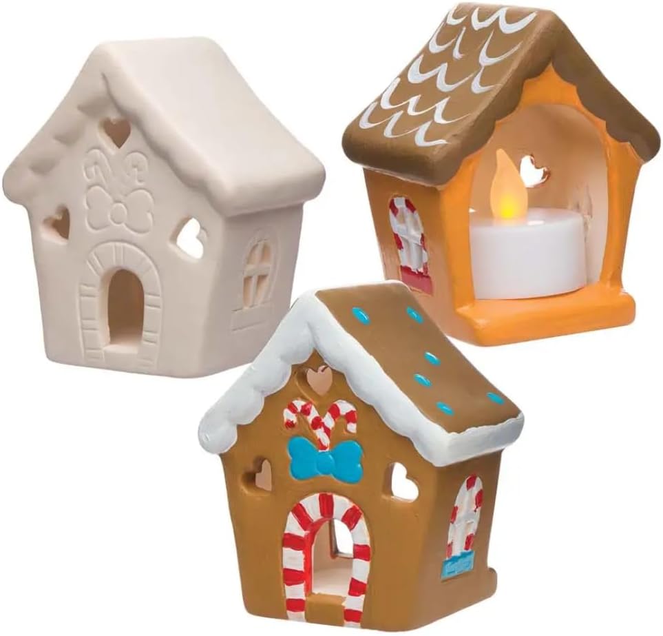 Baker Ross AR693 Gingerbread House Ceramic Tealight Holder Kits, for Kids Christmas Crafts and Gifts (Box of 3), Assorted