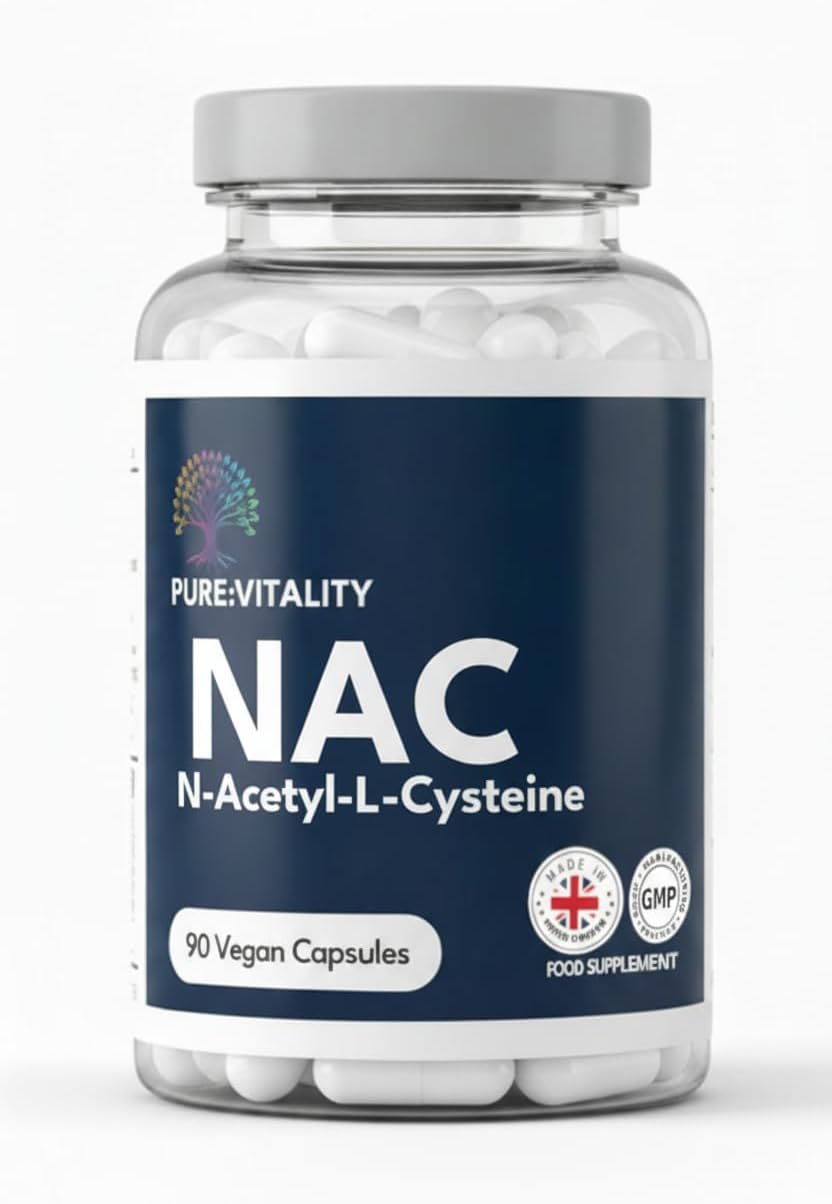 Pure Vitality: NAC Supplement 600mg x 90 Capsules, Pure NAC Acetylcysteine for Glutathione, Detox, Post Workout Supplements for Men & Women, N-acetylcysteine (L Cysteine) - GMP & HACCP Certified - UK