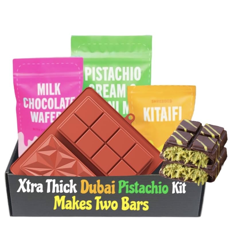 DIY Xtra Thick Double Dubai Pistachio Chocolate Bar Making Kit Pistachio Butter, Knafeh/Phyllo Dough, Chocolate Incuded Complete Set (Makes 2 Thick bars)