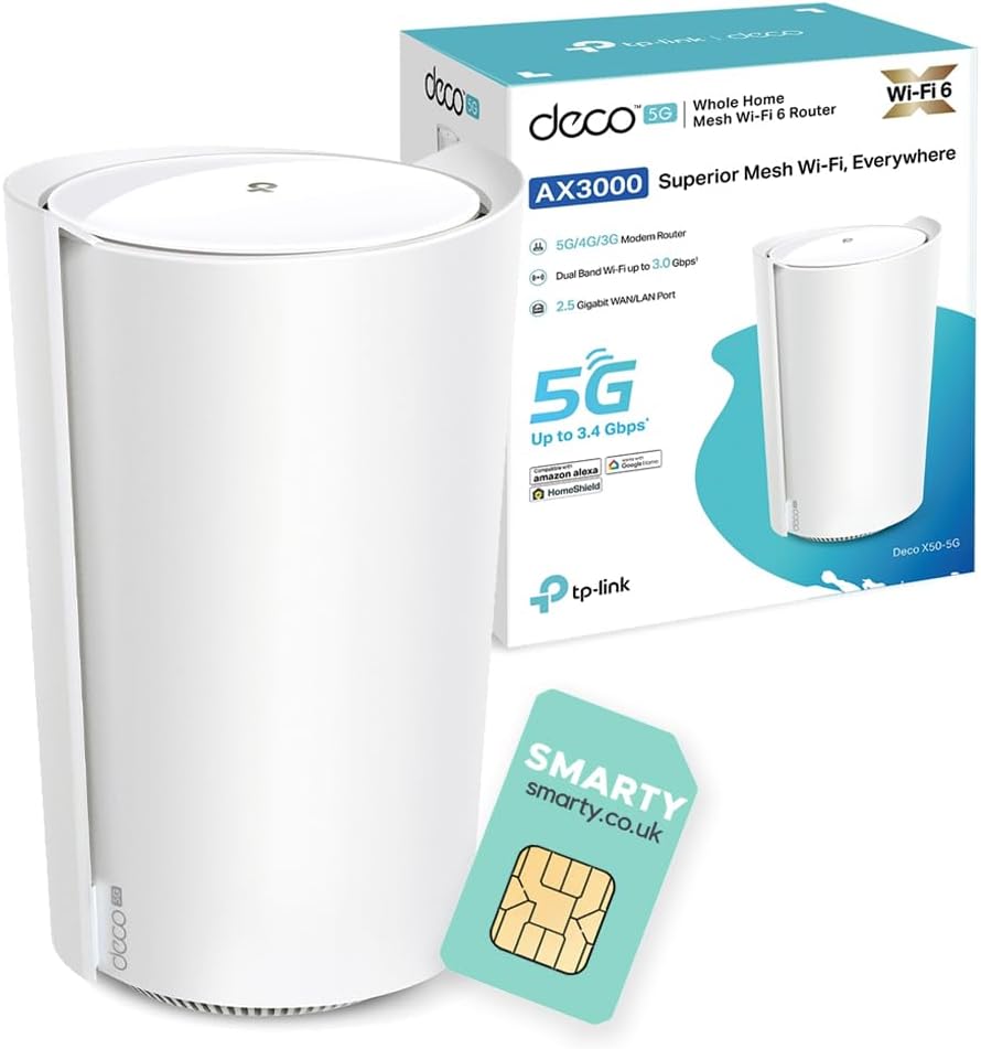 TP-Link Deco X50-5G 5G Router With Free SIM Card, Whole Home Wi-Fi 6, AX3000 5G/4G+Cat 6 Mesh WiFi Router, 2.5G Port For Ultra-Fast Speed, SIM slot, Seamless Coverage, Works with Alexa, HomeShield