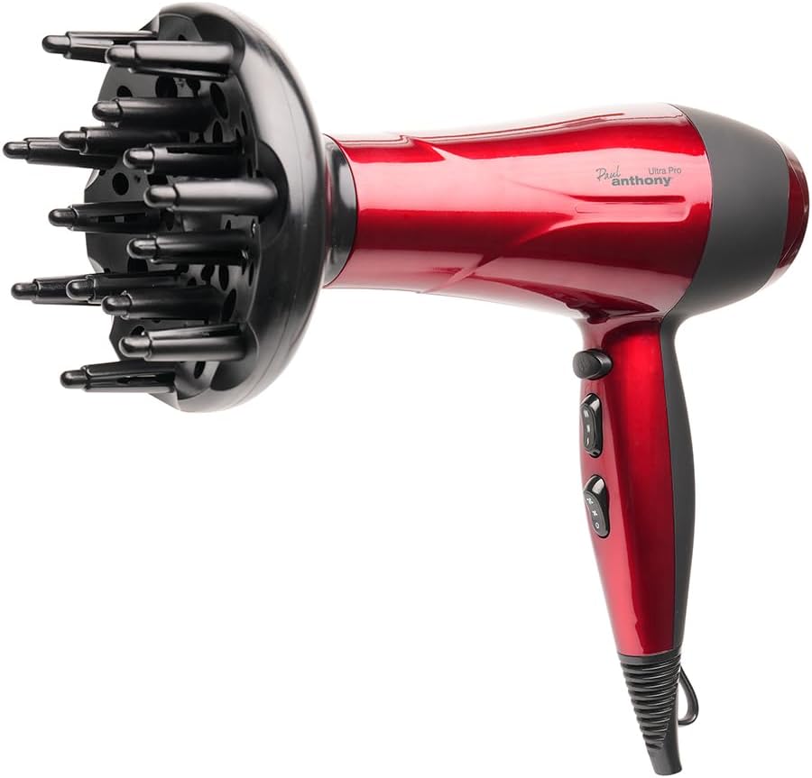 Paul Anthony Ultra Pro 2200W Hair Dryer / 3 Heat Settings / 2 Speed Settings/Cool Shot/Concentrator Nozzle/Diffuser/Hang Up Loop/Safety Cut-Off - Hot Red - H1520RD