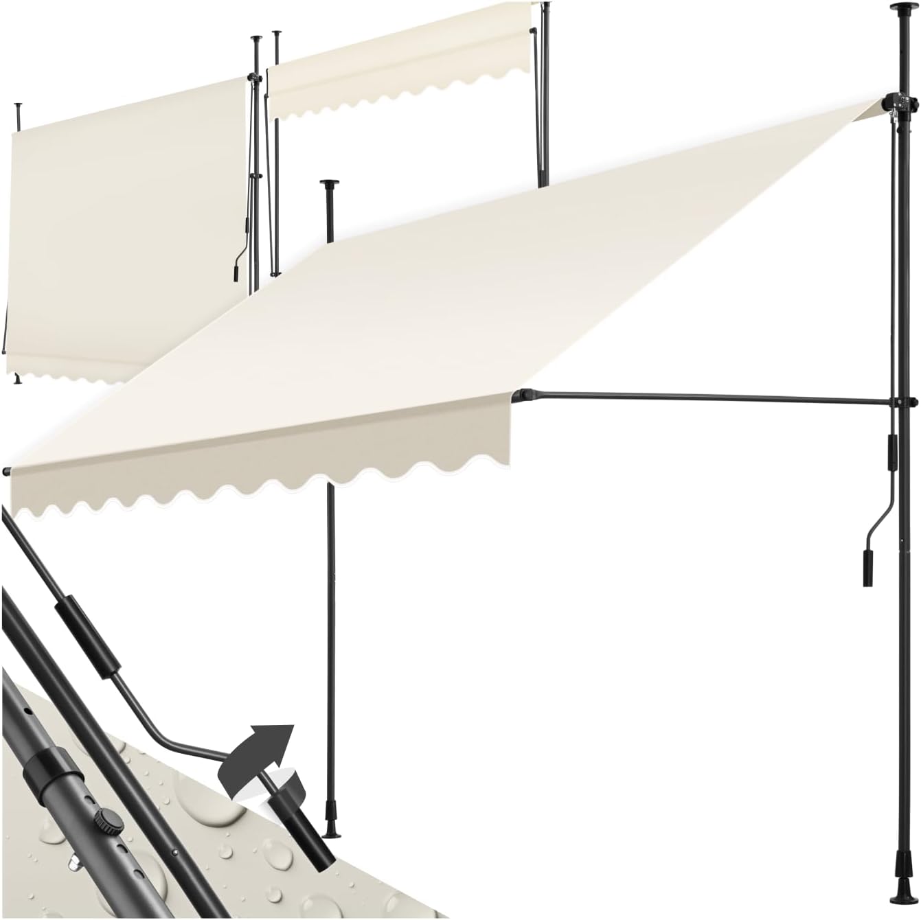 tectake Garden Patio Retractable Awning, Manual with Hand crank, Sun shade Canopy with UV and Rain Resistance, Clamp System with No Drilling Required - beige