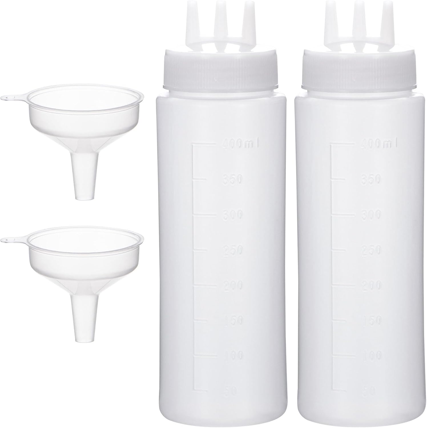 Uceoo 3 Hole Squeeze Bottle for Sauces, Plastic Squeeze Condiment Bottles Tomato Sauce Dispensers for Ketchup BBQ Dressing Paint Workshop Pancake Art Craft with 2 Funnels (14oz-2pcs)