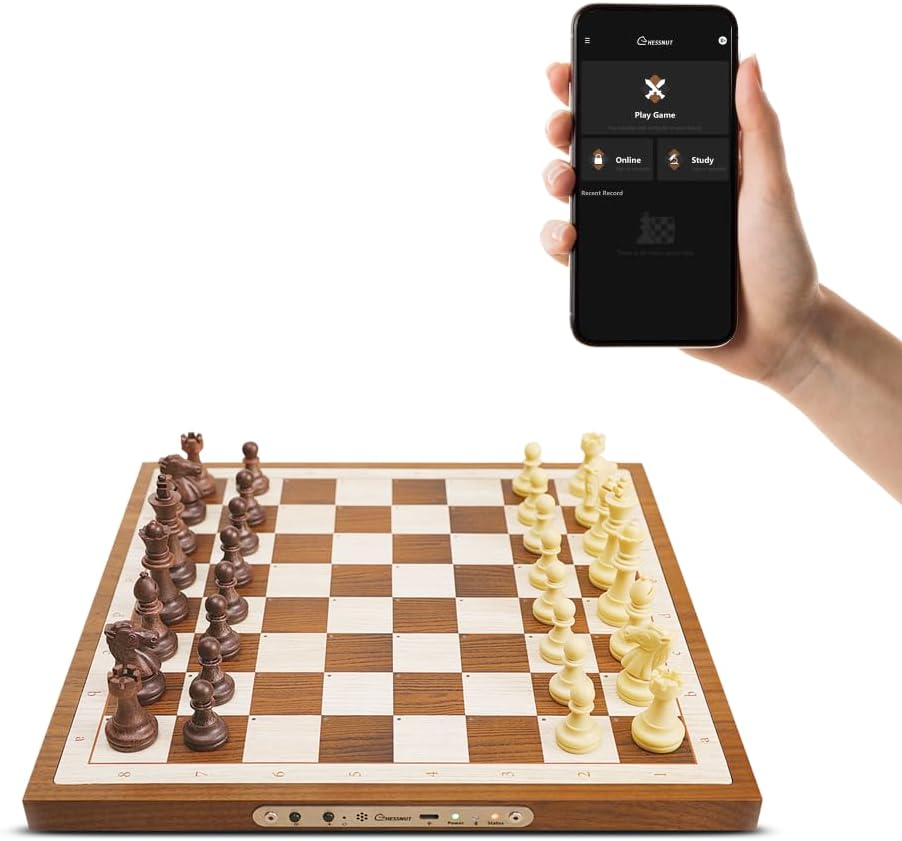 Chessnut Air Electronic Chess Board - A magnificent handcrafted wooden set with extra queens, LED, game and adaptive electronic chess apps. For 2 players, ages 10 and up.