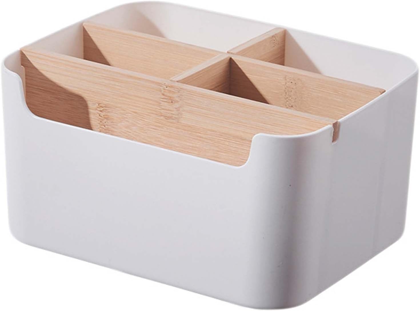 Desk Organizer Box, 5 Compartments Office Organizer, Multifunctional Makeup Storage Box Container Removable Desk Organizer, Desktop Storage Box Wooden, for Office Supplies, Lotions, Brushes (White)